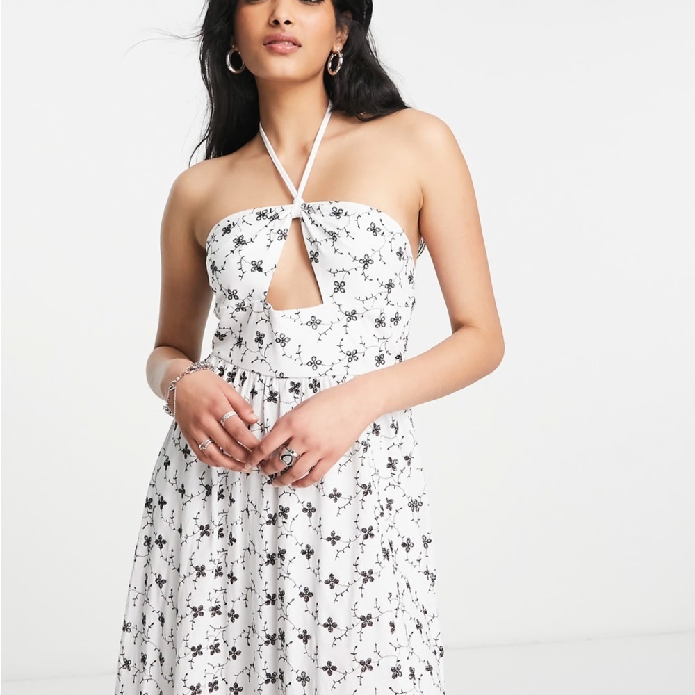 Floral Halter Neck Dress - White & Black